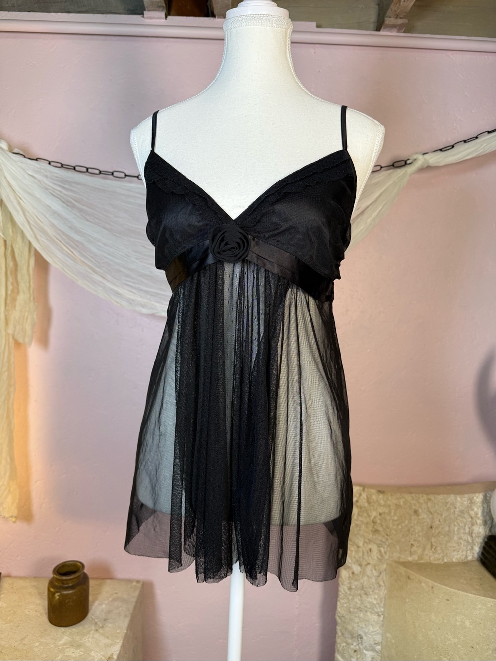 Vintage La Senza Black Sheer Mesh Babydoll Chemise Size L